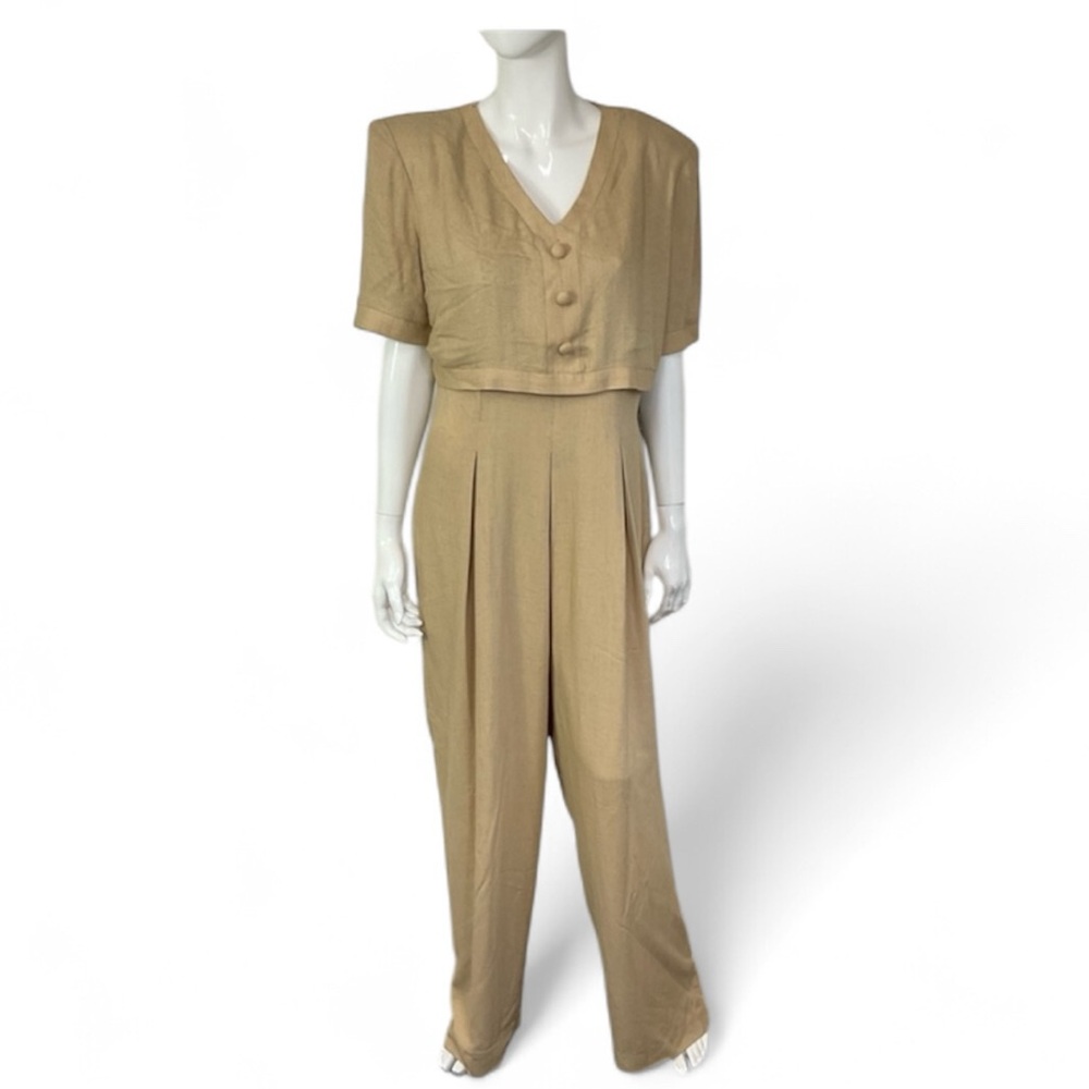Jennifer Jeffries Vintage 80’s Beige Tan Short Sleeve Wide Leg Jumpsuit 14